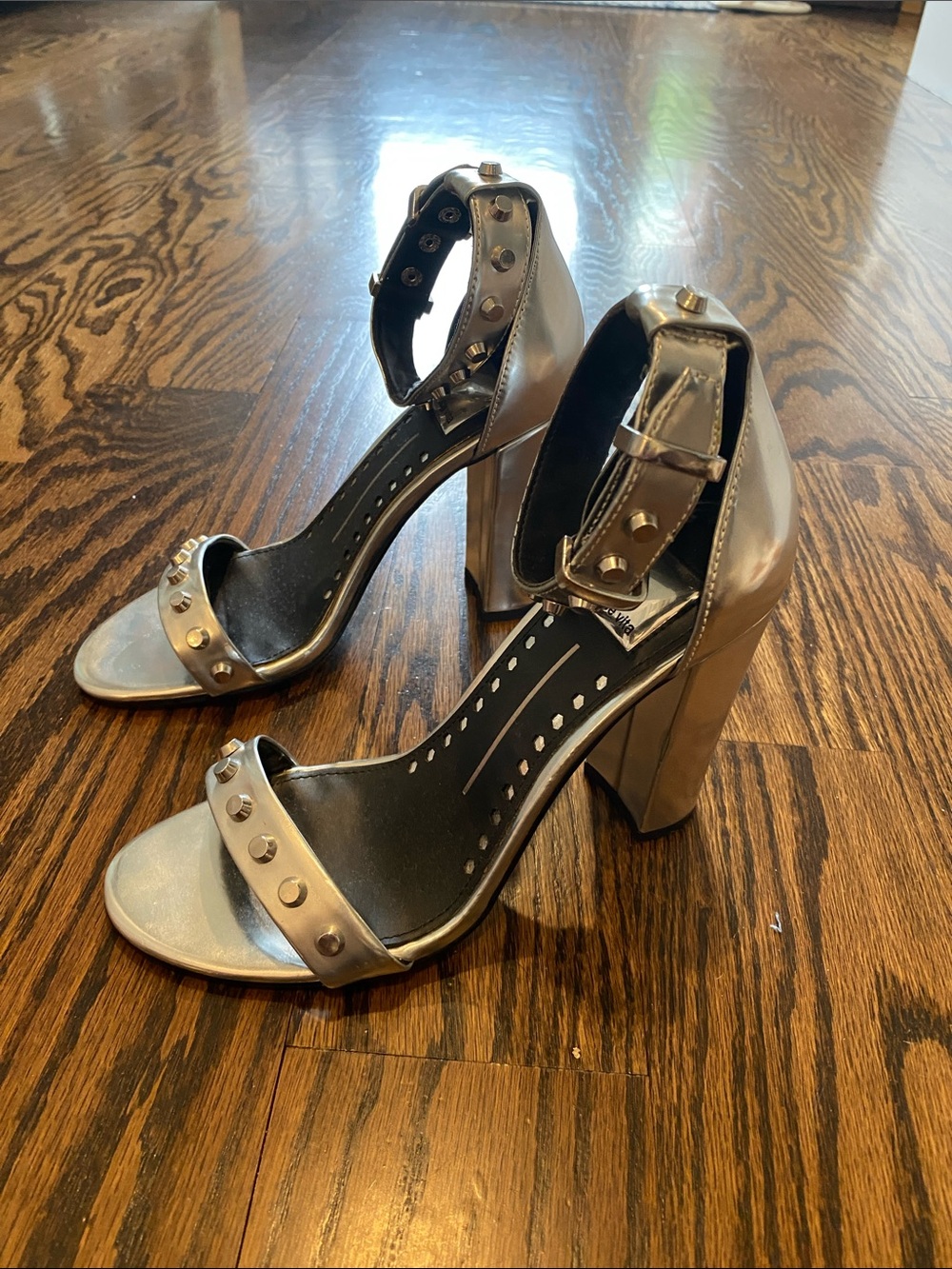 Dolce Vita Metallic Silver Studded Block Heel Sandals